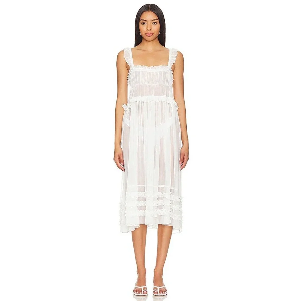 Free People Intimately Moon Phase Ruffle Sheer Midi Dress Ivory L NWT